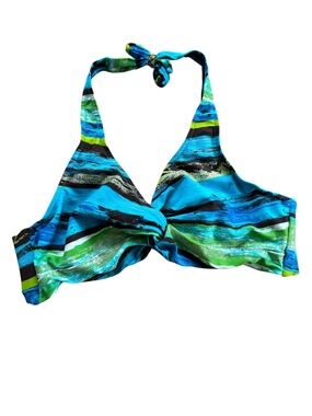 Bikini Bay Underwire Halter Bikini Top Blue Green Tropical Print Size 36